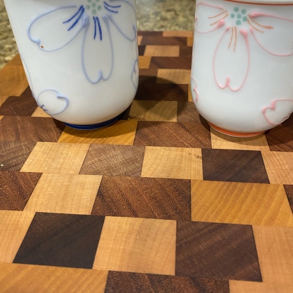 Japanese Arita Yunomi Cylindrical Handless Floral Blue /Pink Ceramic Tea Cup Set - Picture 4 of 10